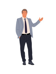 Businessman character standing in confident pose. Handsome business man in formal suit, pointing to the side. Vector realistic colorful illustration isolated on transparent background.