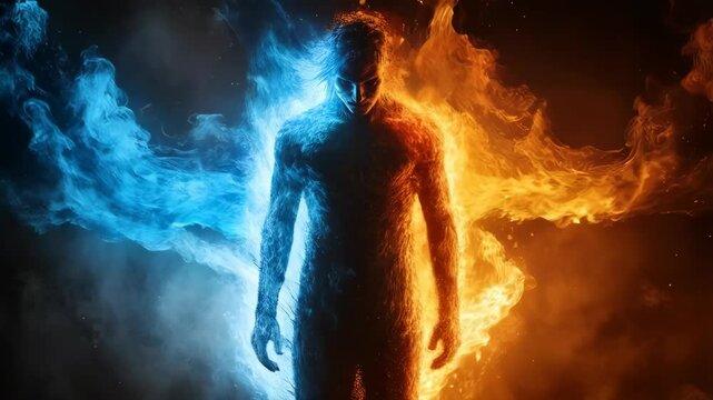 Ethereal figure with blue and orange flames representing duality in vibrant cosmic space environment