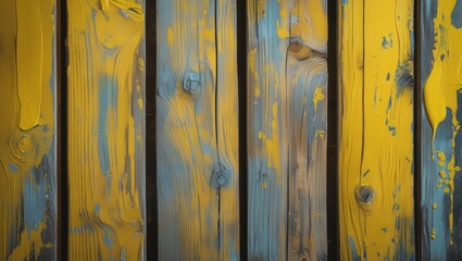 Fototapeta premium Wooden planks with blue and yellow paint in a textured pattern for background use Copy Space