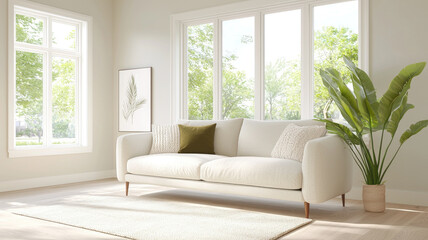 Bright living room with white sofa and green accents
