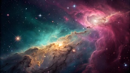 Obraz premium A high-resolution cosmic background depicting a vibrant nebula with swirling clouds of gas and dust in vivid hues of magenta, teal, and gold