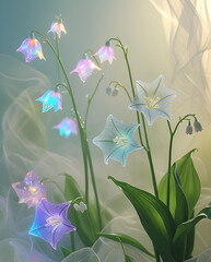 Lily of the Valley flowers in a vibrant spectrum of colors, set against a dreamy, misty backdrop. Created with generated AI.