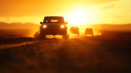 An adventurous journey through rugged terrain, captured at sunset, showcasing powerful vehicles navigating dusty paths.