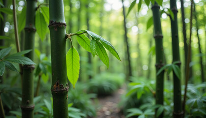 Naklejka premium Close-up of bamboo stalk with fresh green leaves and dew drops in lush forest setting for nature detail concept