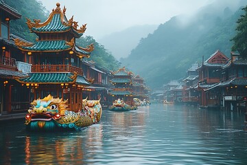 Serene view of traditional dragon boats gliding through a misty river surrounded by lush mountains