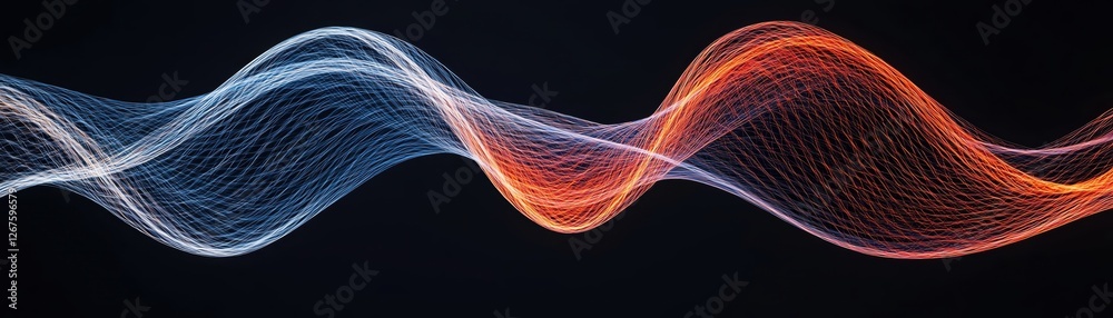 Poster dynamic wave patterns in red and blue representing sound or light waves.