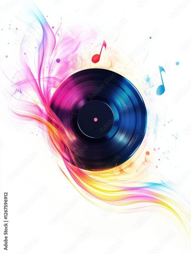 Poster colorful vinyl record with musical notes and abstract patterns in vibrant hues. generative ai