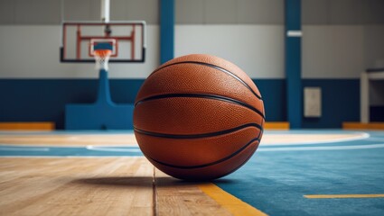 Close-Up Shot of an Orange Basketball on a Court Floor with a Minimalist Aesthetic and Basketball Hoop in the Background for Sports Design.