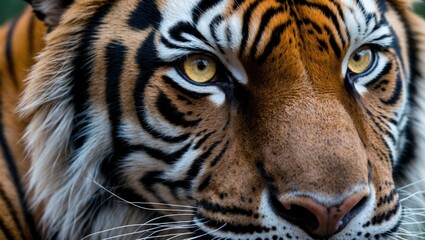 Close-up portrait of a tiger showcasing its striking features and intense gaze with a focus on its emerald eyes and patterned fur. Copy Space