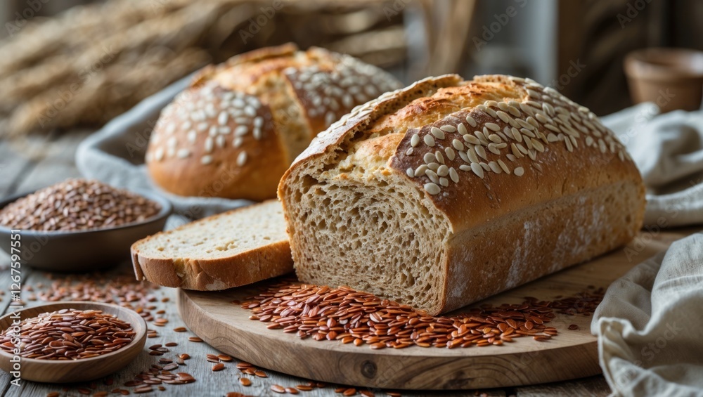Poster freshly baked organic bread with flax seeds on a wooden board surrounded by flaxseed and a rustic ba