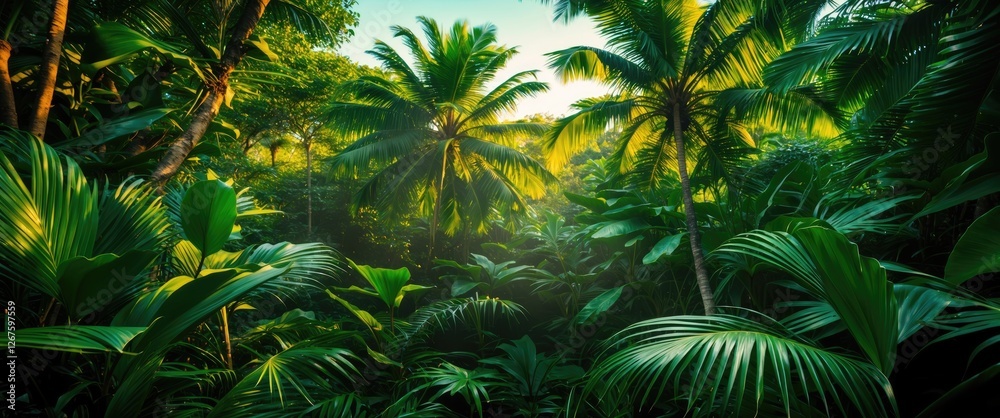 Aufkleber Lush Jungle with Palm Leaves and Sunlight Creating a Serene Natural Setting Ideal for Text Overlays and Creative Projects