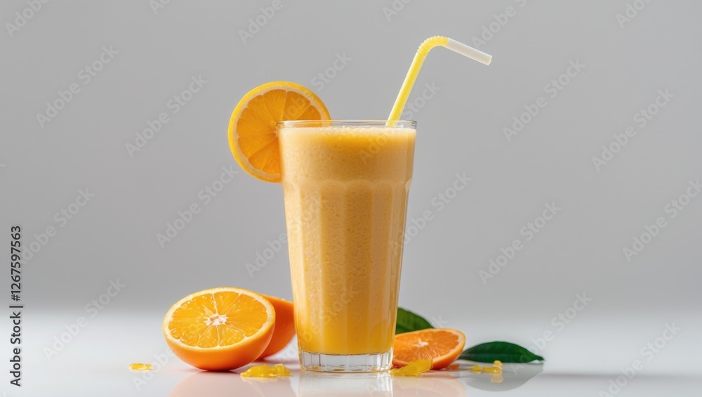 Poster Refreshing Orange Juice Smoothie Served In A Clear Glass With Straw Garnished With Citrus Slice Isolated On Light Background
