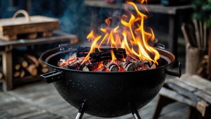 Barbecue Kettle with Flames and Charcoal Ready for Grilling on a Wooden Deck in Outdoor Setting