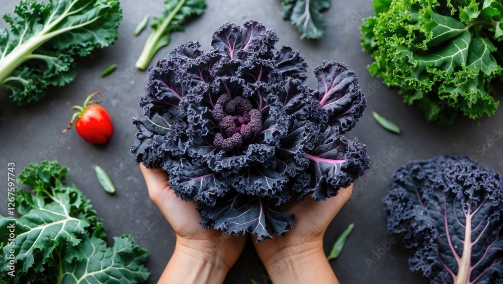 Poster vibrant raw red kale held in hands surrounded by fresh greens and strawberry against dark background