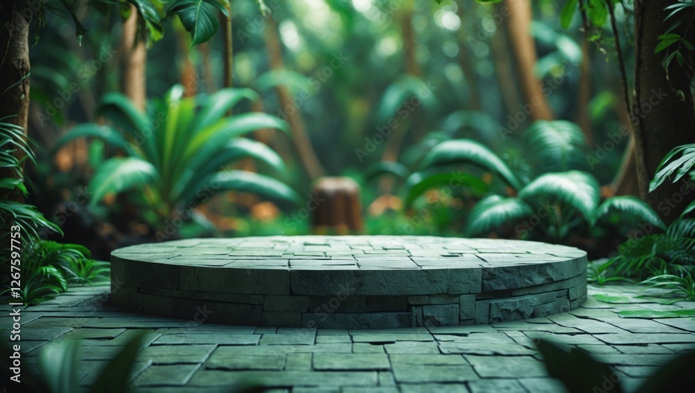 Poster stone podium in lush tropical garden with blurred greenery, ideal for product display and showcasing