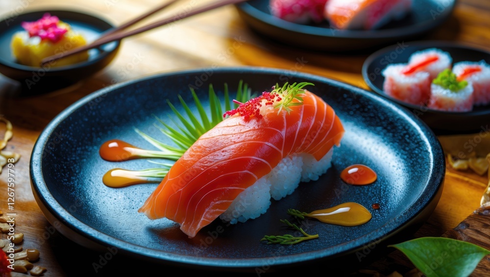 Aufkleber Sushi Platter Featuring Otoro with Presentation Elements and Space for Text in a Warm Setting