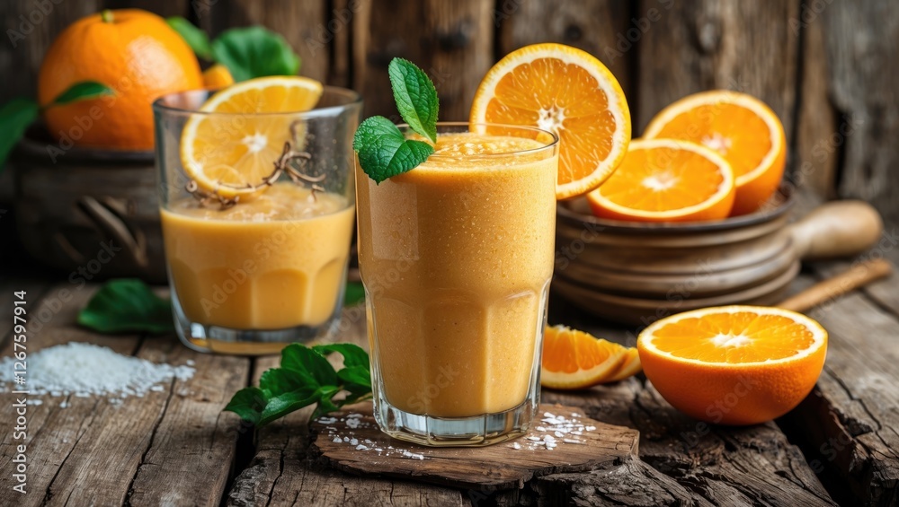 Poster refreshing orange smoothies garnished with mint on rustic wooden background with fresh oranges and s