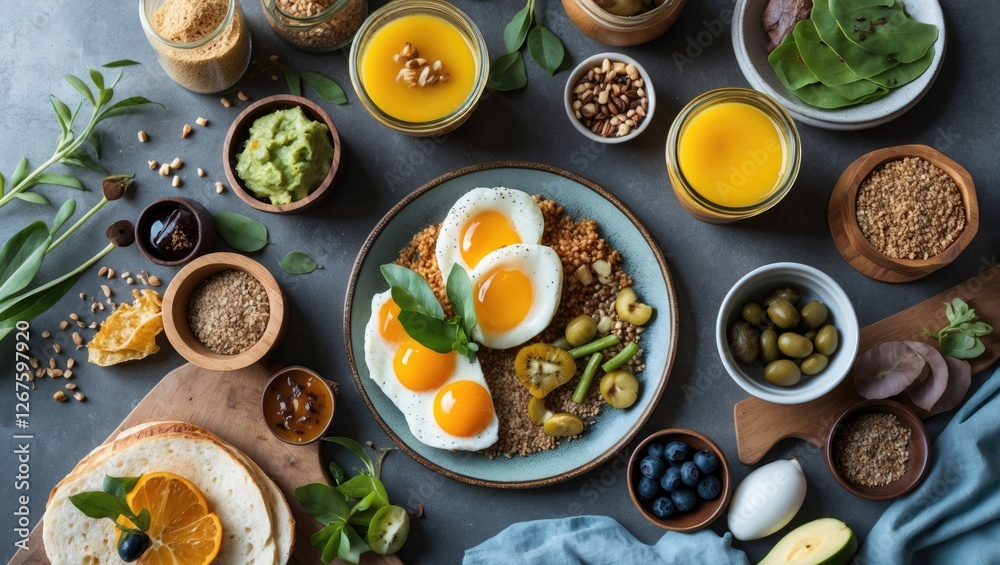Poster healthy organic breakfast spread with eggs fruits and nuts on rustic table setting