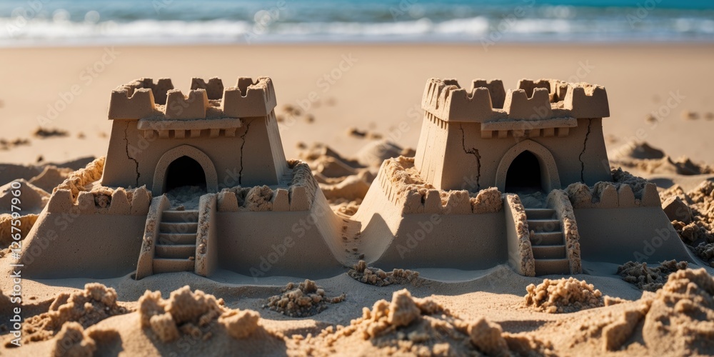 Poster sandcastles on golden beach sand with tranquil ocean background and blank space for text or creative