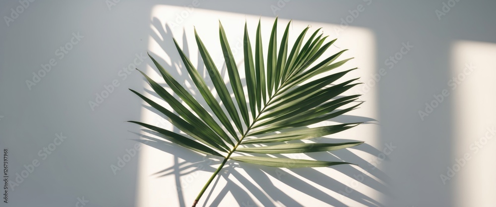 Poster Sunlit Palm Leaf Casting Hard Shadow on Minimal Background with Space for Text or Branding in Natural Color Palette
