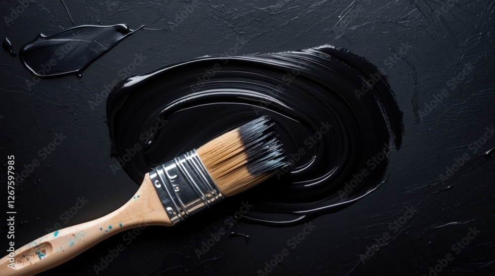 Poster artistic paint brush resting on rich black paint texture creating a striking visual contrast for cre