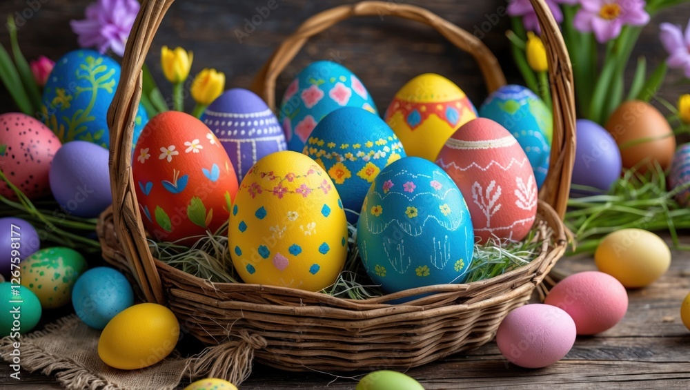 Poster colorful easter eggs arranged in a basket with traditional ukrainian cross stitch patterns on a rust
