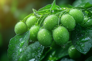 Verdant Spheres, Dew-Kissed Green Berries in the Morning Light