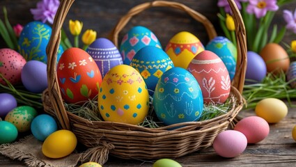 Colorful Easter eggs arranged in a basket with traditional Ukrainian cross stitch patterns on a rustic wooden background.