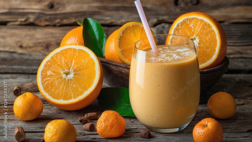 Poster refreshing orange smoothie surrounded by fresh oranges on rustic wooden surface