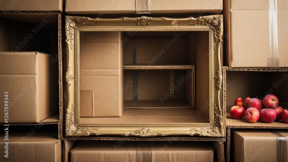 Poster Creative cardboard display with ornate frame surrounded by stacked boxes and fresh apples conveying artistic packaging concept.