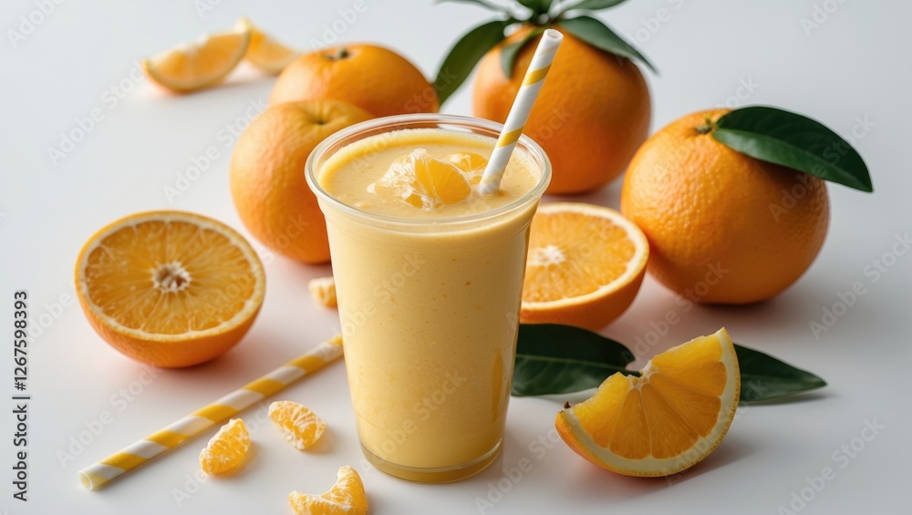Poster refreshing orange juice smoothie in plastic glass surrounded by fresh oranges and citrus slices on w