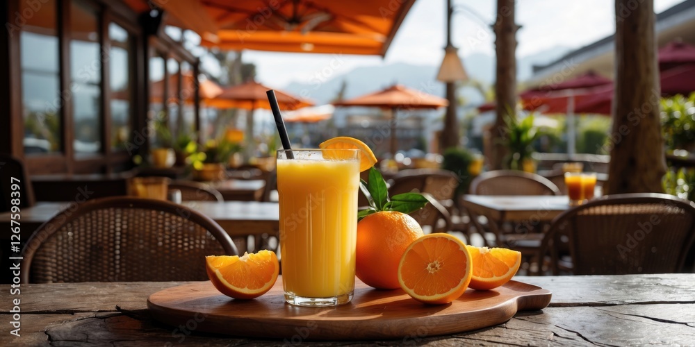 Aufkleber Refreshing Orange Juice Served in Outdoor CafÃ© with Sliced Oranges and Empty Space for Branding or Text Display