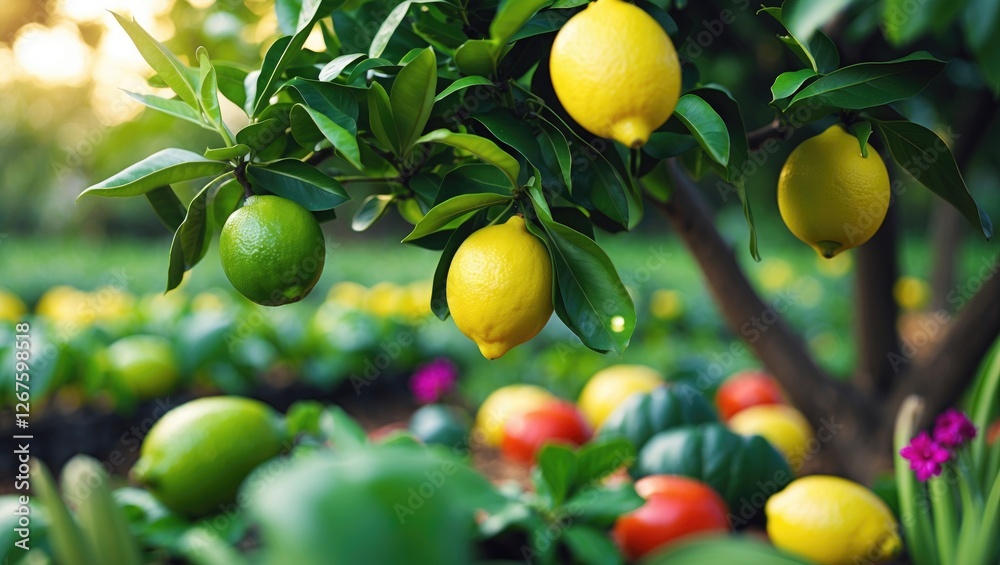 Poster fresh organic lemons and limes on tree in vibrant garden with colorful vegetables and flowers in sof