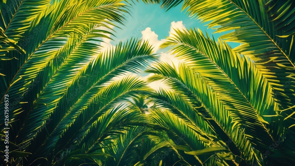 Aufkleber tropical palm leaf backdrop with vibrant greenery and sky, ideal for travel themes and decorative te