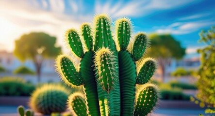 Vibrant Green Cactus Close-Up Surrounded By Blurred Natural Background Under Clear Sky With Copy Space For Text