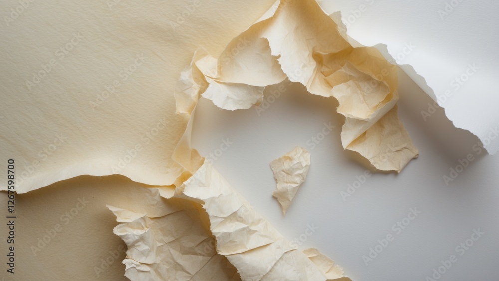 Poster wrinkled textured paper background with torn edges showcasing soft cream and white tones for artisti