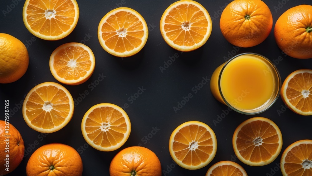Aufkleber fresh oranges and a glass of juice on black background with slices arrangement and copy space for be