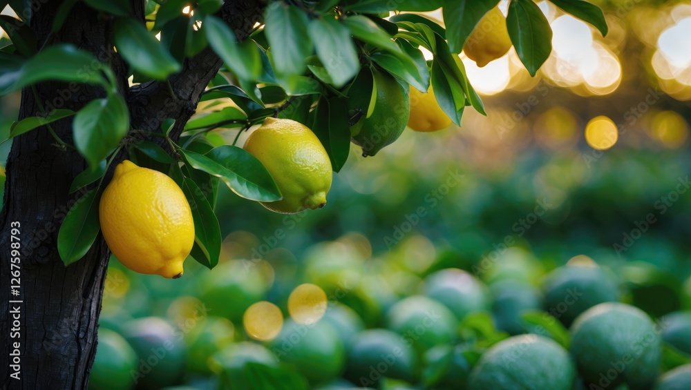 Poster fresh organic lemons and limes hanging on tree in vibrant garden setting with blurred background of 