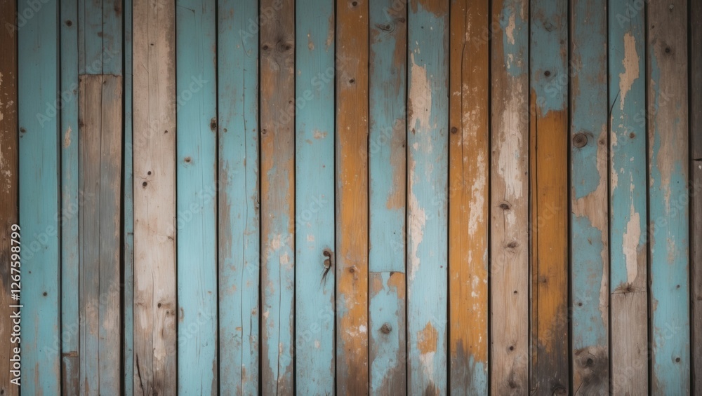 Poster Weathered wooden wall with peeling paint in blue and orange tones, creating a rustic textured background for design projects.