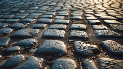 Shiny cobblestone road surface glistening with moisture showcasing detailed texture and patterns from pedestrian traffic