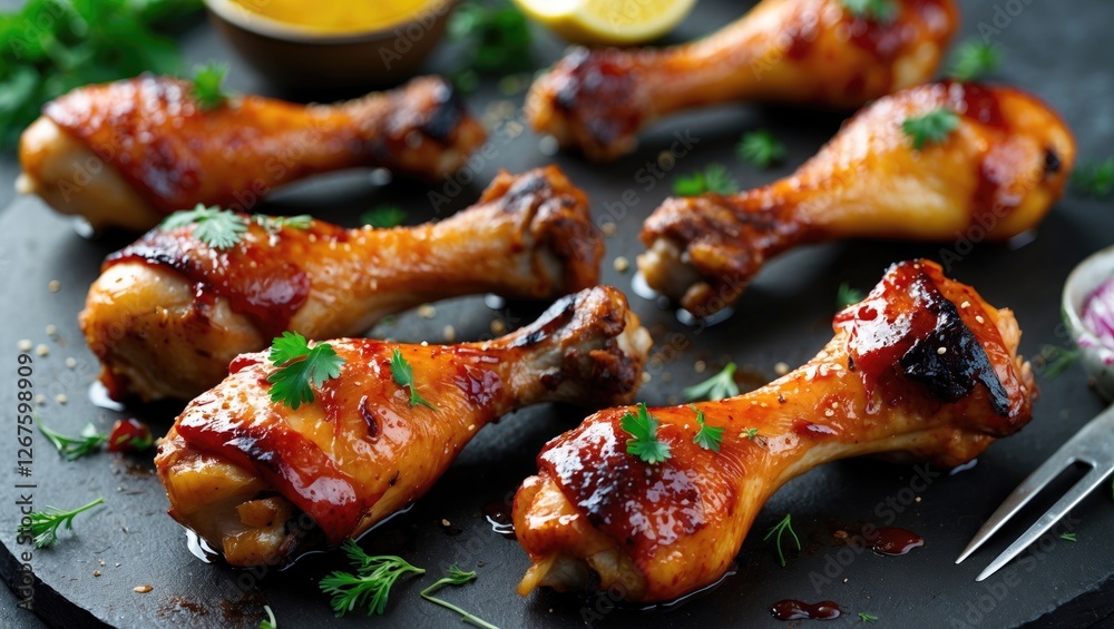 Poster grilled bbq chicken drumsticks with savory glaze garnished with herbs on a dark plate with space for