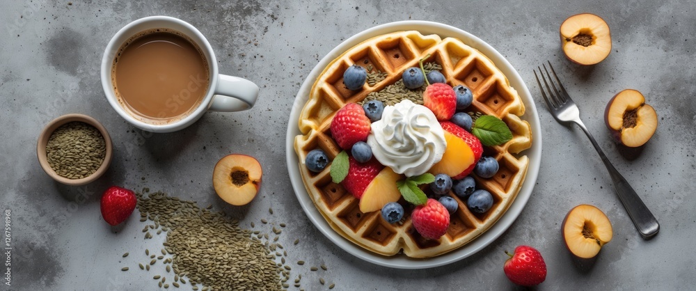 Poster coffee and soft waffles topped with fresh fruit and whipped cream on concrete surface with copy spac