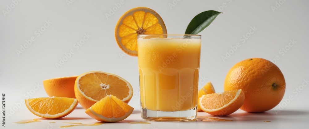 Poster Refreshing glass of orange juice surrounded by fresh orange slices and whole oranges on a clean white background with ample space for text.