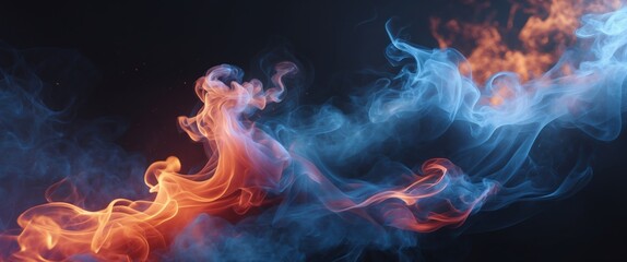 Colorful smoke texture in dark background with swirling blue and orange flames creating a mystical and dynamic atmosphere for creative projects.