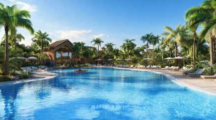 A resort-style swimming pool surrounded by palm trees, luxury cabanas, and a swim-up bar.