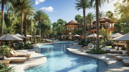 Fototapeta premium A resort-style swimming pool surrounded by palm trees, luxury cabanas, and a swim-up bar.