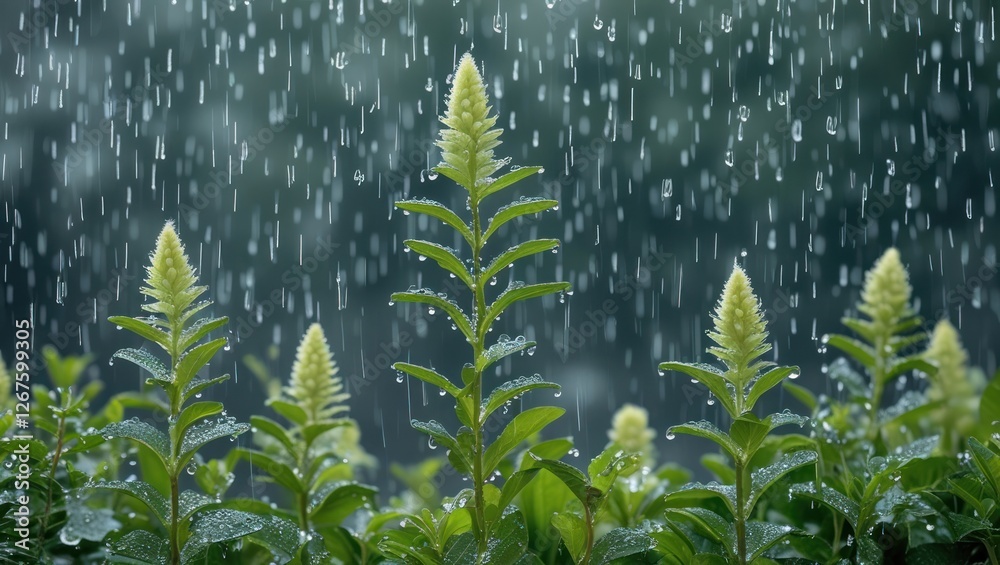 Poster ornamental plant thriving in soft rain with droplets on leaves creating a refreshing and serene natu