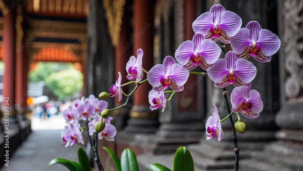 Aufkleber orchids blooming in traditional temple architecture with vibrant colors and serene atmosphere