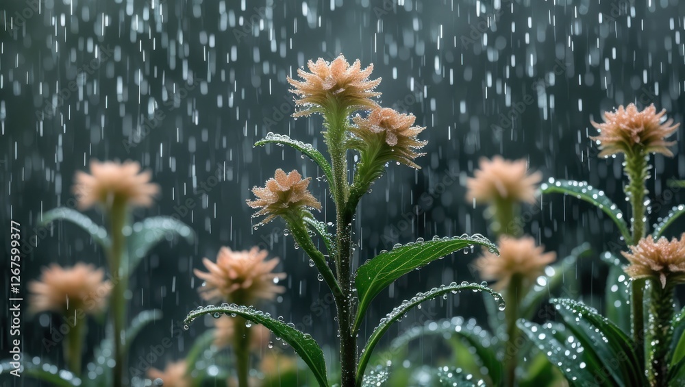 Poster delicate ornamental plants surrounded by raindrops create a serene and refreshing atmosphere in a na