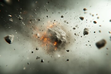 Fototapeta premium A dramatic depiction of an asteroid explosion in space, with debris and glowing fragments scattering in all directions.